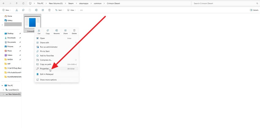 open crimson file properties